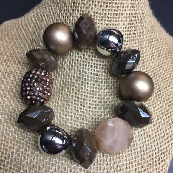 Chunky Statement Bracelet Stretch Silver Tan Brown Gold Pearl Bling Glam Retro - Picture 1 of 6